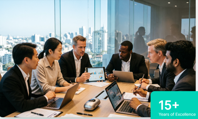 Illustrative business team collaborating in a modern workspace